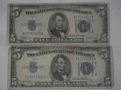 2 Blue Seal 1934C and 1934D 5 Dollar Notes