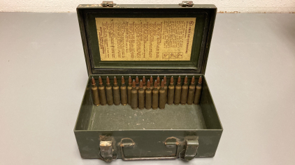 (21) Rounds 250 Savage Super X Ammo In Vintage Military First Aid Box