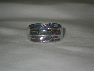 Silver Tone Ring with Inlaid Black Fire Opal Size 9