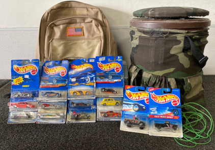 Military Backpack, Toolbox, Hotwheels and Camo Bucket Seat