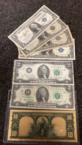 1957 Blue Seal Dollars, 1976 $2 Bills And $10 Gold Bank Note
