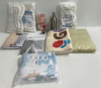 (3) Spa Pillow, (3) Shower Curtains, (2) Bath Rugs, (2) Shower Curtain Rings, Soap Dispenser, (2) Sink Stoppers