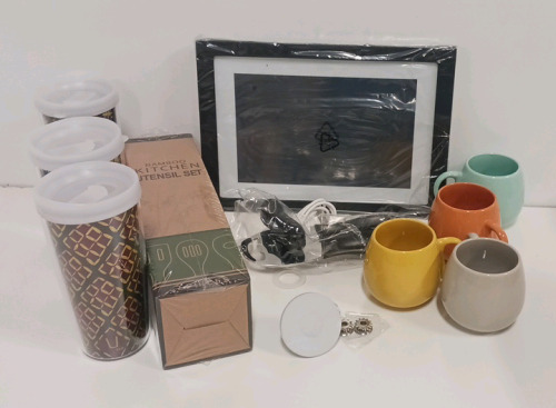 Electric Picture Frame, Coffee Cups, Tumblers, And Bamboo Kitchen Utensil Set