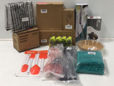 (1) Novelty Cutlery Holder (1) Silicone Spatula Set (1) Whisk Set (1) Kitchen Tool Set (1) Drying Rack (1) 20-pcs Cookie Cutter Mold Set (1) 60-pcs Canning Lids (1) Clip-On Adjustable Strainer (1) Paper Towel Holder and More