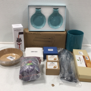 (1) Plastic Wrap Dispenser W/ Cutter (1) Ceramic Utensil Holder (1) Utensil Set (1) Kitchen Tool Set (1) Artena Ceramic Utensil Place Holder (1) Wine Aerator Decanter (1) Insulated Cup Lids (2) Bamboo Coffee Lid and More