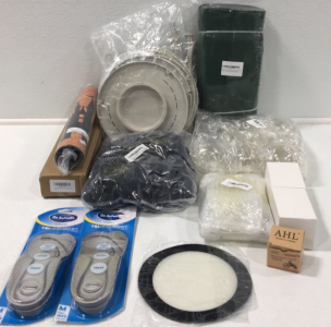 (1) 5-pack of 7-Gallon Fabric Pots W/ Handles (1) Expandable Garden Hose (1) Moss Plant Post (2) Canning Lids (1) Buckbock 8-piece Carburetor for Weed Eater (1) Water Globes (2) Dr. Scholls Tri-Comfort Insoles and More