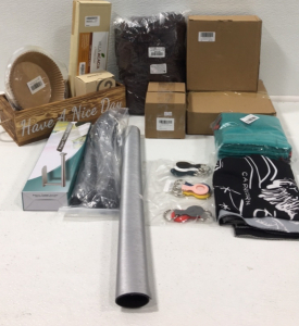 (2) Wall Mounted Corner Shower Shelving (1) 8-pack Dish Cloths (1) Dining Chair Covers (1) Backsplash Wallpaper (1) Paper Towel Holder (1) Kitchen Tool Set (1) Utensil Set and More