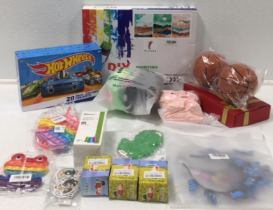 (1) DIY Painting By Numbers Kit (1) 20-pack Hot Wheels (1) Doll Accessories (1) 2-pc Mini Basketball (1) Soccer Ball w/ Pump (3) Wind Up Rooster Toy (1) Hearing Protection and More
