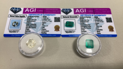 (1) 11.55ct Natural Yellow Sapphire Cushion Cut Gemstone W/ COA, (1) 7.75cts Natural Green Emerald Cut Gemstone W/COA