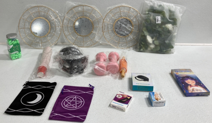 (3) Decorative Mirrors, Moon And Start Bags, Weights, Artificial Flowers, Masks, Mini Red Solo Cups, Earplugs, Shoe Cushion, Amit Snorinf Device, Eye Mask, Sleep Mask