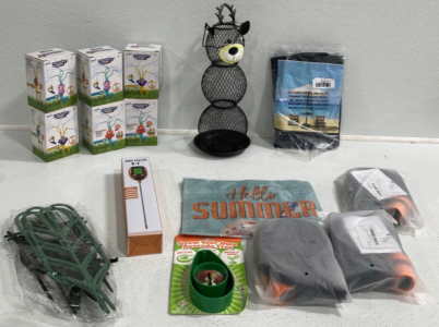 (6) Sprinkler Animals , (3) Trampoline Sprinklers, Hanging Bird Feeder, Soil Tester And More