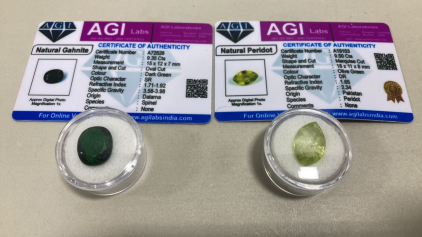 (1) 9.50ct Natural Olive Green Peridot Marquise Cut Gemstone W/COA, (1) 9.35ct Natural Dark Green Gahnite Gemstone W/COA