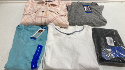 COSTCO CLOTHING - NEW Women’s Tops From Costco Size Large: Pink Shirt Jacket, Gray Light Sweater, Blue V-Neck Tshirt, White Tshirt, Black Fleece Active Long Sleeve