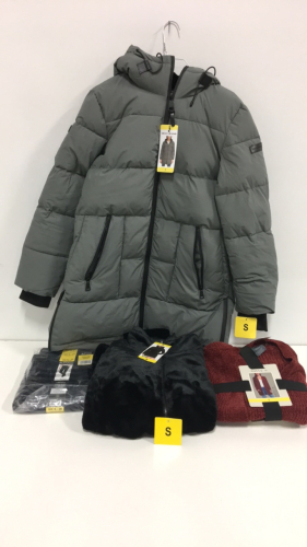 COSTCO CLOTHING - NEW (1) Dkny Grey Puffy Coat (1) Buffalo Size 6 Womens Pants (1) 32 Heat Super Soft (1) Matty M Womens Sweater