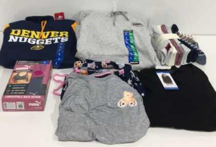 COSTCO CLOTHING - NEW (1) NBA Denver Nuggets Hoodie (1) Kirkland Signature Gray Hoodie (2) Puma Womens Seamless Sports Bra (1) Jane and Bleeker pajama Set (1) Matty M V-Neck Sweater (6) Pair Of Lucky Brand Socks