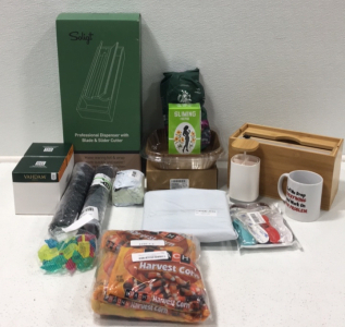 (1) Professional Wrap Dispenser W/ Blade & Slide Cutter (1) Vacuum Bag Dispenser W/ Slide Cutter (1) Toothpick Dispenser (1) Wire Organizers (2) Air Fryer Liners (2) XL Sink Mats (1) Dryer Vent Cover (1) 18oz Bag Of Starbucks French Roast Ground Coffee an