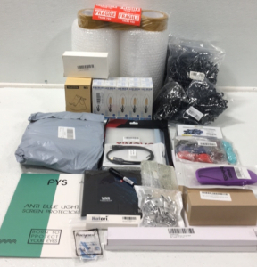 (1) Pack Of Bubble Wrap, Tape, And Fragile Stickers (4) Peg Board Hooks (1) 10-pack LED Light Bulbs (1) Teflon Table And Chair Glides (1) Cord Wrap Organizer (1) Cell Phone/Tablet Stand (1) Remote Control Holder Wall Mount and More Office Supply