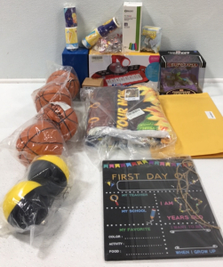 (1) Melody DJ Keyboard (1) Dinosaur Trees (1) Gaurdians Of The Galaxy Action Figurine (1) First Day Of School Sign (3) Mini Basketballs (1) Throw Blanket For Daughter (1) Sonic Action Figurines and More
