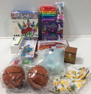 (1) Bouquet Building Kit (1) Dinosaur Learning Toy (1) Foam Color Counting Kit (2) Pop Tubes Sensory Toy (1) 2-pcs Mini Basketballs (1) Plush Car Seat Toys (1) Kids Headlamp and More Kids Items