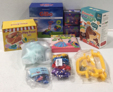 (1) Gibo Lawn Mower Bubble Machine (1) Play Food Set (1) Interactive Plush Pet Toy (1) Mosaic Sticker Art Kit (1) Car seat Toys (1) Sonic Themed Key Chains (1)Mini Lego Building Set (2) Pop Tubes Sensory Toys (1) Playground Set Handles