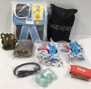 (1) Airline Approved Pet Carrier Backpack (1) Pet Carrier (2) Pet Shirts (1) Pet Dress (1) 6-pack Pet Toys (1) Bird Nesting Twigs (1) Car Buckle Leash (1) Fish Tank Accessory