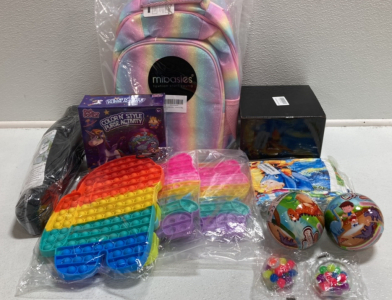 (2) Pink Backpacks, Butterfly Tent, (2) Mystery Dinosaurs, Large Fidget Poppers, Squish Stress Balls, Winnie the Pooh Throw Blanket, Velcro Catch Set, Unicorn Color Set
