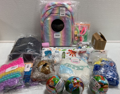 Pink Backpack, Fingerpaint Pad, Youth Rollerblading Pads, (3) Mystery Dinosaurs, Fidget Poppers and Toys, and more