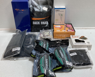 Yoga Wedge, (3) Back Braces, No-Contact Thermometer, Weighted Clip Hula Hoop, Winter Traction, Neck Gaiters, Jump Rope, (3) Youth Shin Guards, Beard Bib, Golf Ball Retrieval