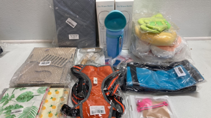(3) Pet Water Bottles, (4) Pet Soft Cones, Pet Fur Removers, Maze for Small Animals, Medium Dog Harness, Cat Collar, (2) Packs of Dog Bandanas, and more
