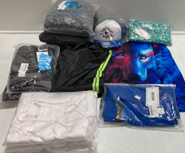 (3) Women&rsquo;s Sweaters, Youth Wolf Hoodie, XL Dress, (3) Medium Summer Cover Ups, (3) Youth Large Sweatpants, Reflective Pants, Large Blue Scrubs, Trucker Style Hat