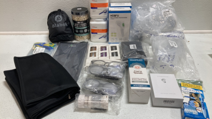 (2) No-Contact Thermometers, (2) Instant Food Thickeners, (3) Plastic Syringe w/ Tube, Hearing Aid Device, Blue Light Glasses, Pill Cutter, Knee Braces, Neck Pillow