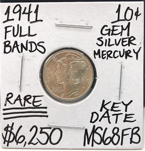 1941 MS68FB Rare Key Date Mercury Dime