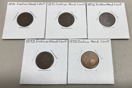 (5) Indian Head Cents Carded 1890, 1891, 1892, 1893, 1895