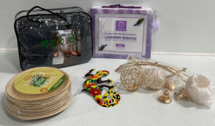 Candle Holder Set, Weighted Blanket, Lavender Mattress Protector, Palm Leaf Plates, Lizard Wall Decor