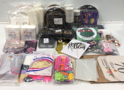 Various Birthday Party Supplies Including Cups, Plates, Napkins, Balloons, Banners, Cake Toppers and More