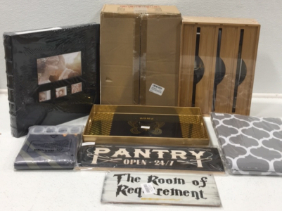 (1) Ceiling Mounted Light Fixture (1) Wrap Dispenser W/ Cutter and Roll (1) Decorative Black and Gold Tray (1) XL Photo Album (1) Pantry Wall Decor (1) Harry Potter Wall Decor (1) Shower Curtain (1) Table Cloth