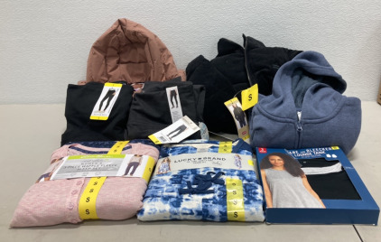 COSTCO CLOTHING - NEW Women&rsquo;s Clothing Small/Extra Small&hellip; (1) 32 Degrees Jacket Mauve, (1) Levi Jacket, (1) Danskin Sweatshirt Blue/Grey, (1) Pair Mondetta Brushed Jacquard Leggings, (1) Max & Mia French Terry Side Pocket Leggings, (1) 3 Piece Waffle Flee
