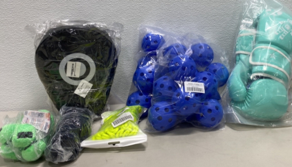 (2) Minecraft Plushies, (2) Packs of Blue Balls, (1) Set of Teal Boxing Mits