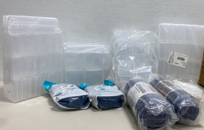 (3) Packs of Silicone Plastic Containers, (2) Rolls of Navy Blue Yarn, (2) Navy Blue Hard Wax bags, and more