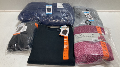 COSTCO CLOTHING - NEW Women&rsquo;s Clothes From Costco Size 2XL/3XL: Navy Blue Puffy Jacket, Gray Cardigan, (2) Black Crew Neck Sweatshirts, Magenta Fleece Sleep Set