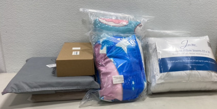 (1) Premium Pillow Inserts 12x20, (1) Teal and Pink and White Blanket, (1) queen Size Sheets, and more