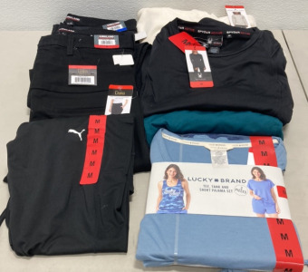 COSTCO CLOTHING - NEW Women&rsquo;s Clothing Medium&hellip; (1) Dalia Mid Rise Pants, (1) Kirkland Size 8 Black Pants, (1) Kirkland Size 10 Black Pants, (1) Puma Black Stretch Pants, (1) Lucky Brand 3 Piece Pajama Set, (2) Spyder Active Green And Black Shirts, (1) Mar