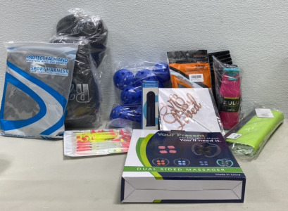 (1) Zulu Pink WaterBottle, (1) Set of Black Punching Gloves, (1) Back Brace and more!!