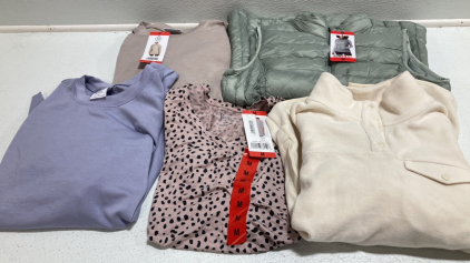 COSTCO CLOTHING - NEW Women&rsquo;s Clothes From Costco Size Medium: (1) Tan and (1) Purple Oversized Long Sleeve, Green Vest, Animal Dot 3/4 Sleeve, Cream Soft Pullover