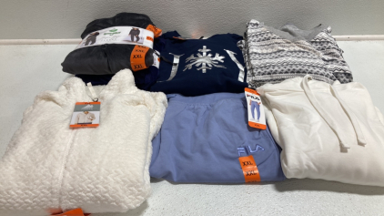 COSTCO CLOTHING - NEW Women&rsquo;s Clothes From Costco Size XXL: (1) Gray and (1) Blue Fleece Lounge Sets, Blue &ldquo;Joy&rdquo; Crew Neck Sweatshirt, Gray Patterned Fleece Lounge Set*, Cream Soft Jacket**, Light Purple Joggers, Off White Hoodie***