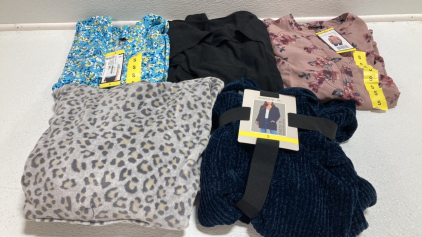 COSTCO CLOTHING - NEW Women&rsquo;s Clothes From Costco Size Small: Floral Short Sleeve Blouse, Black Cardigan, Floral Long Sleeve Blouse, Cheetah Print Sleep Lounger, Navy Blue Ribbed Cardigan