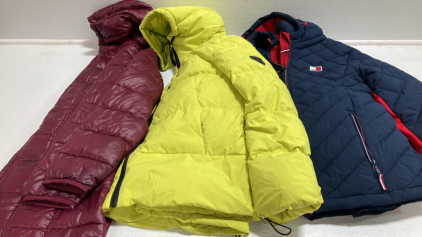 COSTCO CLOTHING - NEW Women&rsquo;s Clothes From Costco Size Medium: Navy Blue and Red Puffy Jacket, Lime Green Puffy Coat, Burgundy Down Jacket