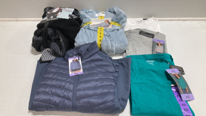 COSTCO CLOTHING - NEW Women&rsquo;s Clothes From Costco Size XS/Small/One Size: (1) White, (1) Gray, (1) Green 3/4 Sleeve Shirts, Reversible Wrap, Blue Gray Light Jacket, Light Blue Robe