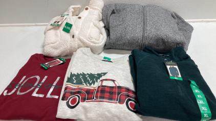 COSTCO CLOTHING - NEW Women&rsquo;s Clothes From Costco Size XL: Cream Plush Jacket, Gray Jacket, (2) Christmas Crew Neck Sweatshirts, Evergreen 1/4 Zip Fleece