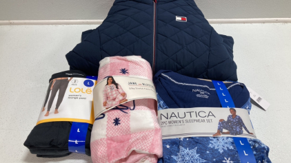 COSTCO CLOTHING - NEW Women’s Clothes From Costco Size Large: Navy Blue Puffy Coat, Snowflake Sleep Set, Pink Buffalo Plaid Sleep Set, Set of 2 Lounge Pants